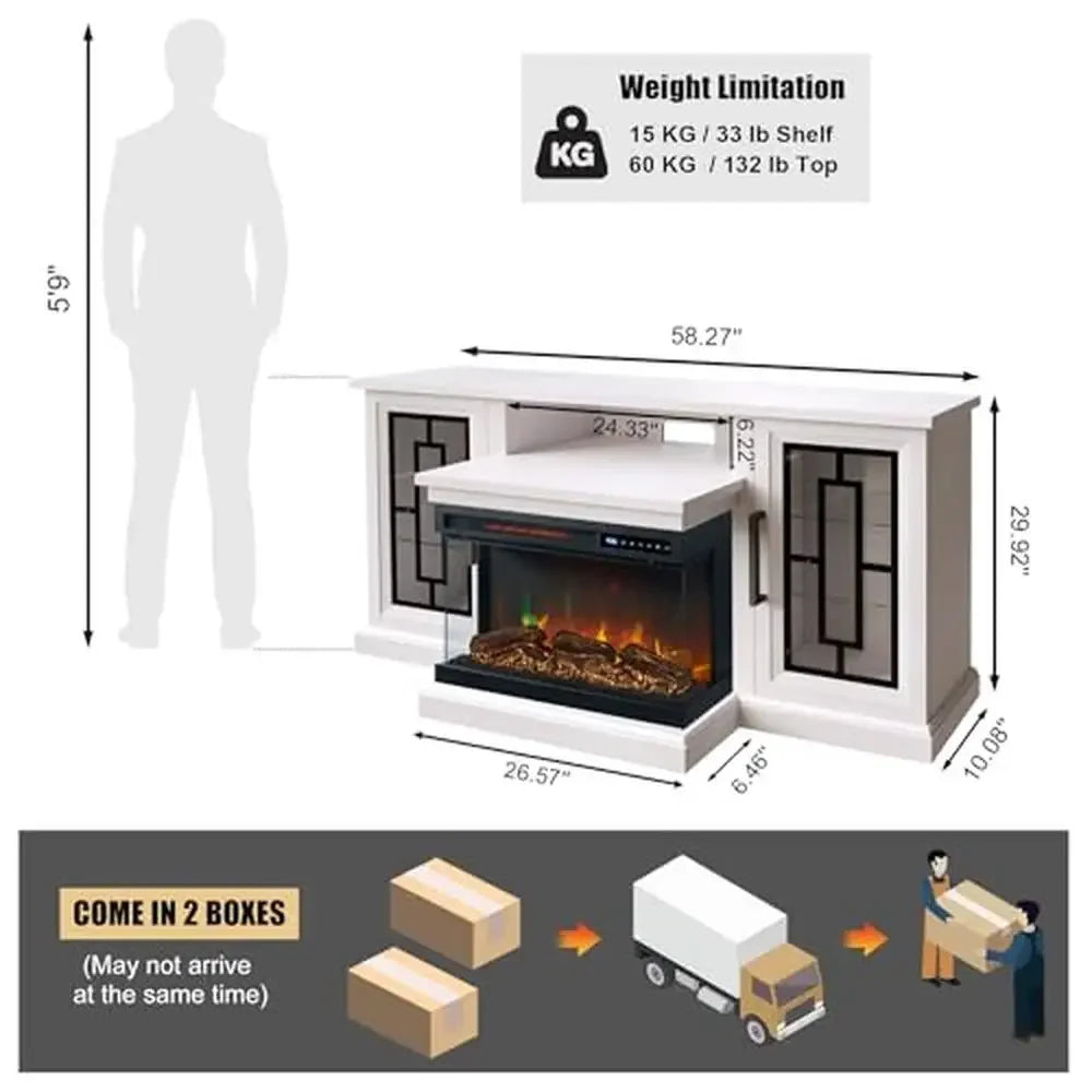 Farmhouse Glass Electric Fireplace TV Stand For 65 Inch TVs