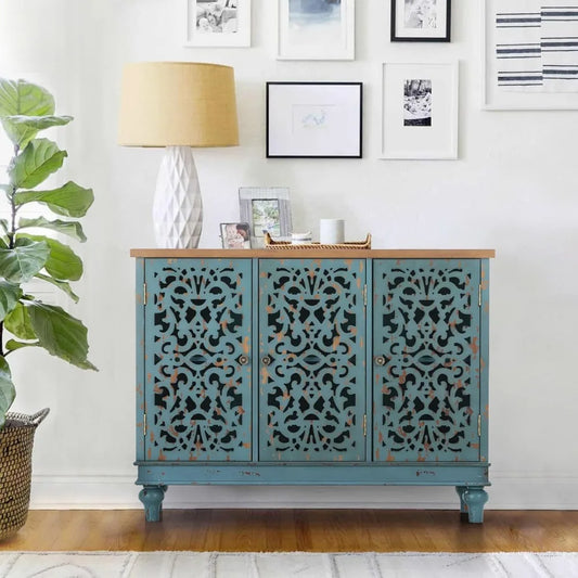 Blue Farmhouse Sideboard Buffet Cabinet With 3 Doors