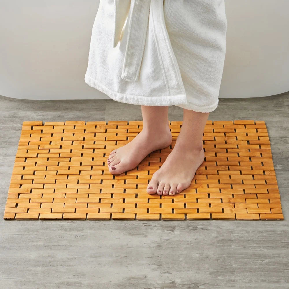 Bamboo Tile Bath Mat Non Slip Water Resistant 18x30 Inches