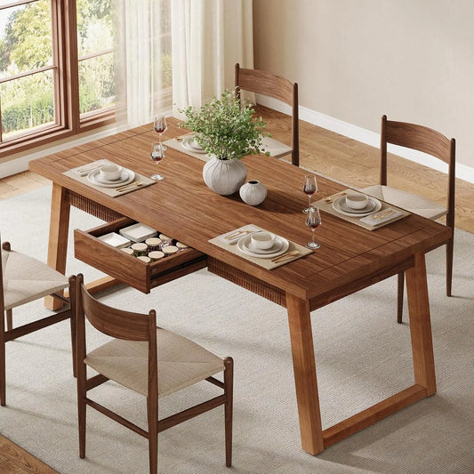 Modern Rectangular Dining Table with Storage Drawer for 4-6 People