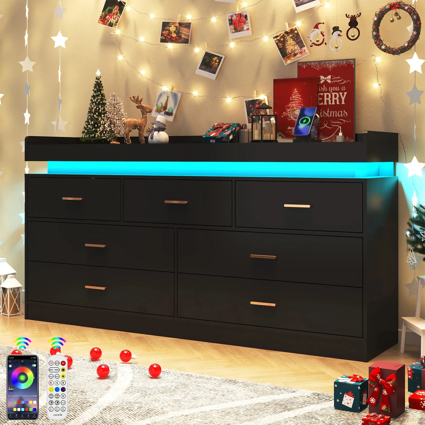 7 Drawer Dresser With LED Light And Charging Station For Bedroom