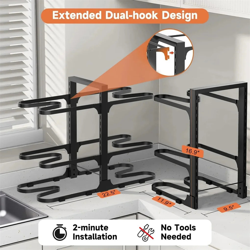 Adjustable 6 Tier Pots and Pans Organizer Rack for Kitchen Storage