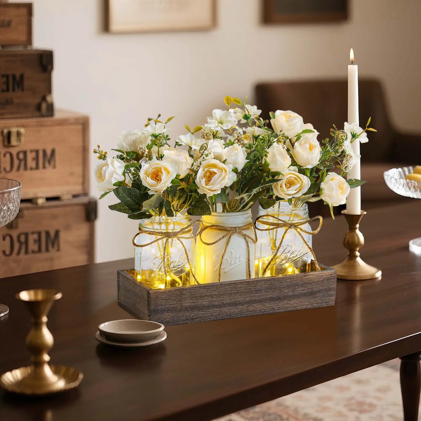 LED Silk Flowers In Wooden Box Vase For Home Office Decor
