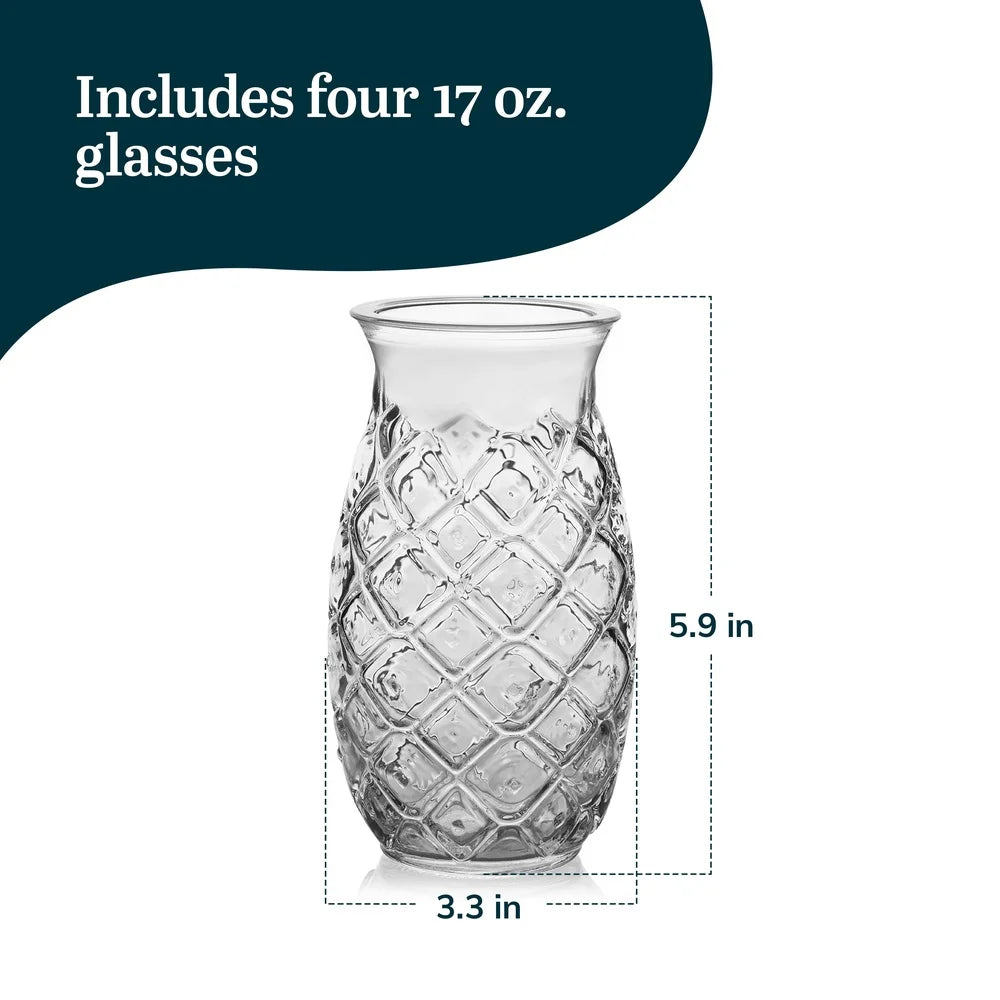 Tiki Pineapple Glasses Set of 4 for Tropical Cocktails