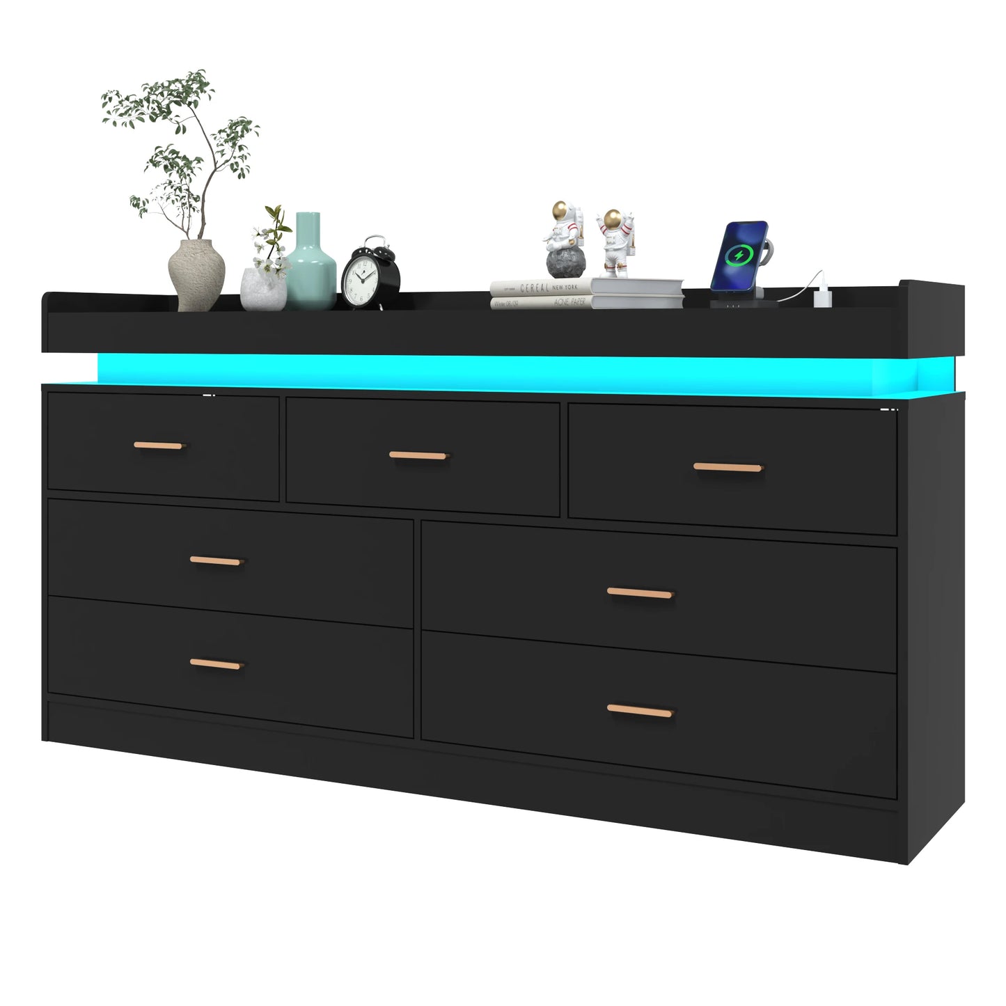 7 Drawer Dresser With LED Light And Charging Station For Bedroom