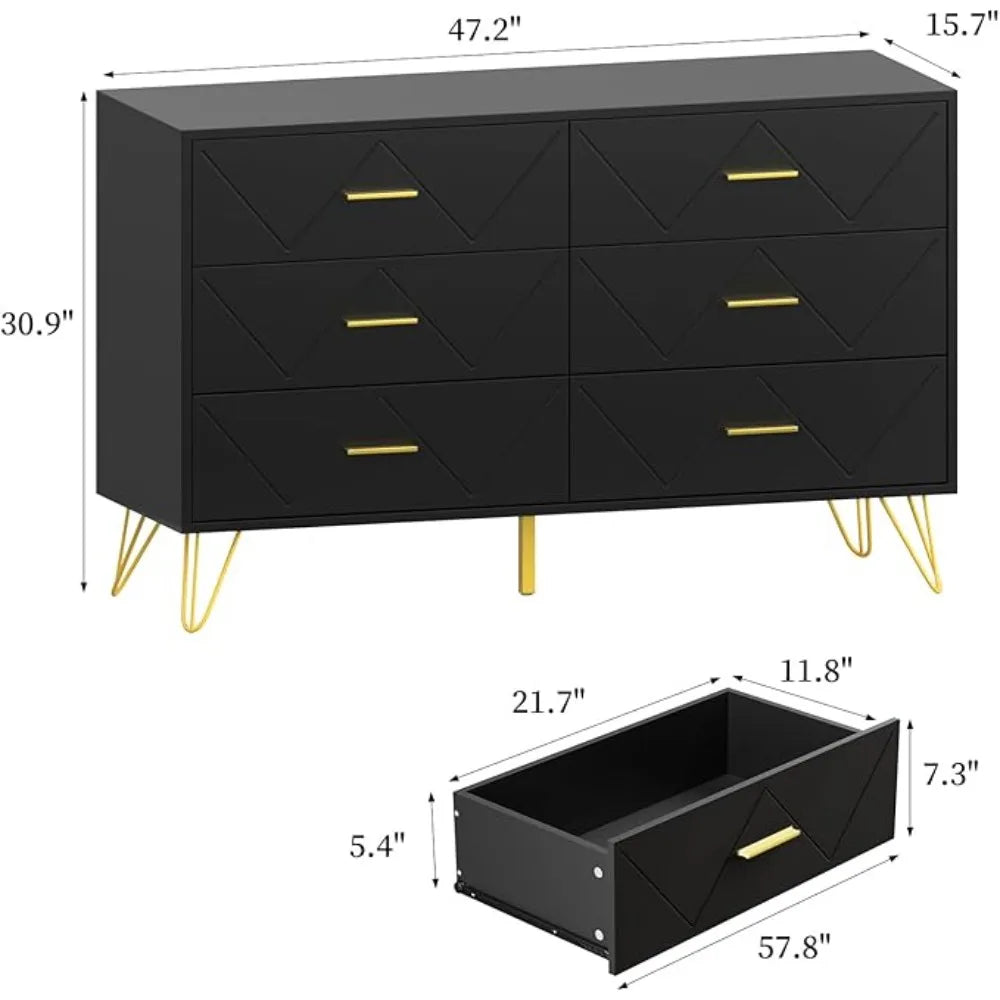 6 Drawer Black Wooden Dressing Table With Gold Handles
