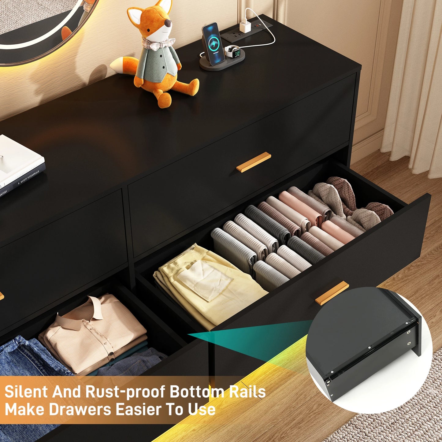 6 Drawer Dresser With Power Outlet LED Lights For Bedroom