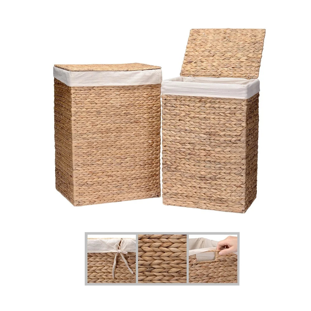 Set Of 2 Handmade Water Hyacinth Laundry Hampers With Lids