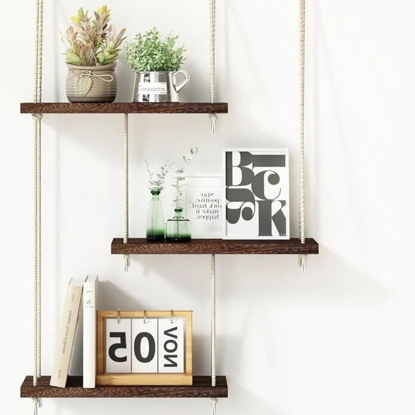 3 Tier Hanging Wall Shelves Boho Rustic Wood Decor Set