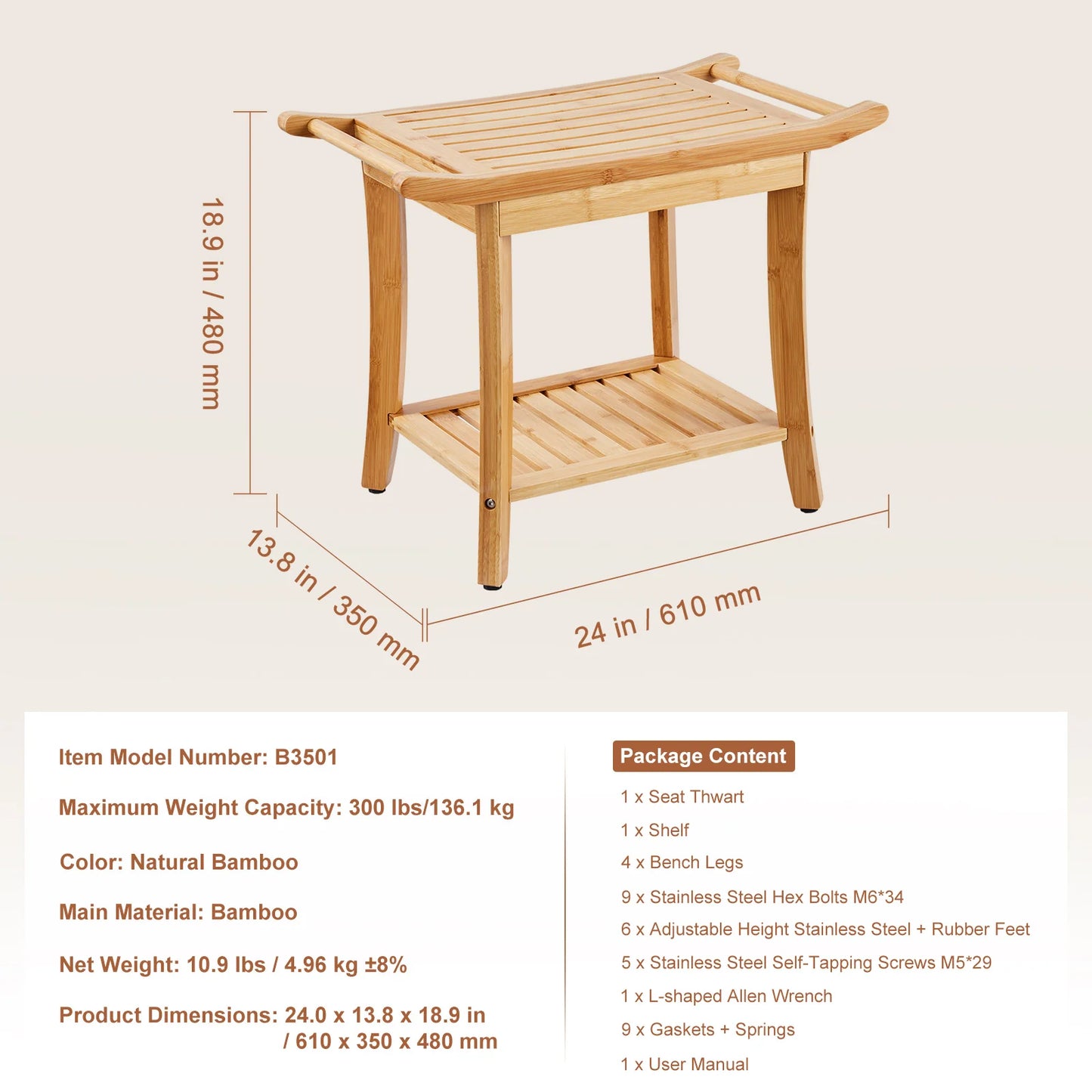SucceBuy Bamboo Shower Bench With Storage Shelf 330lbs Load Capacity