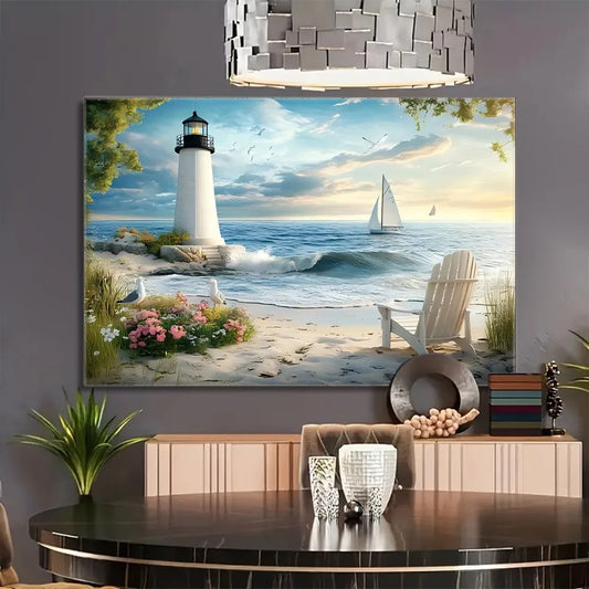 Coast Lighthouse Canvas Wall Art In Solid Wood Pine Frame