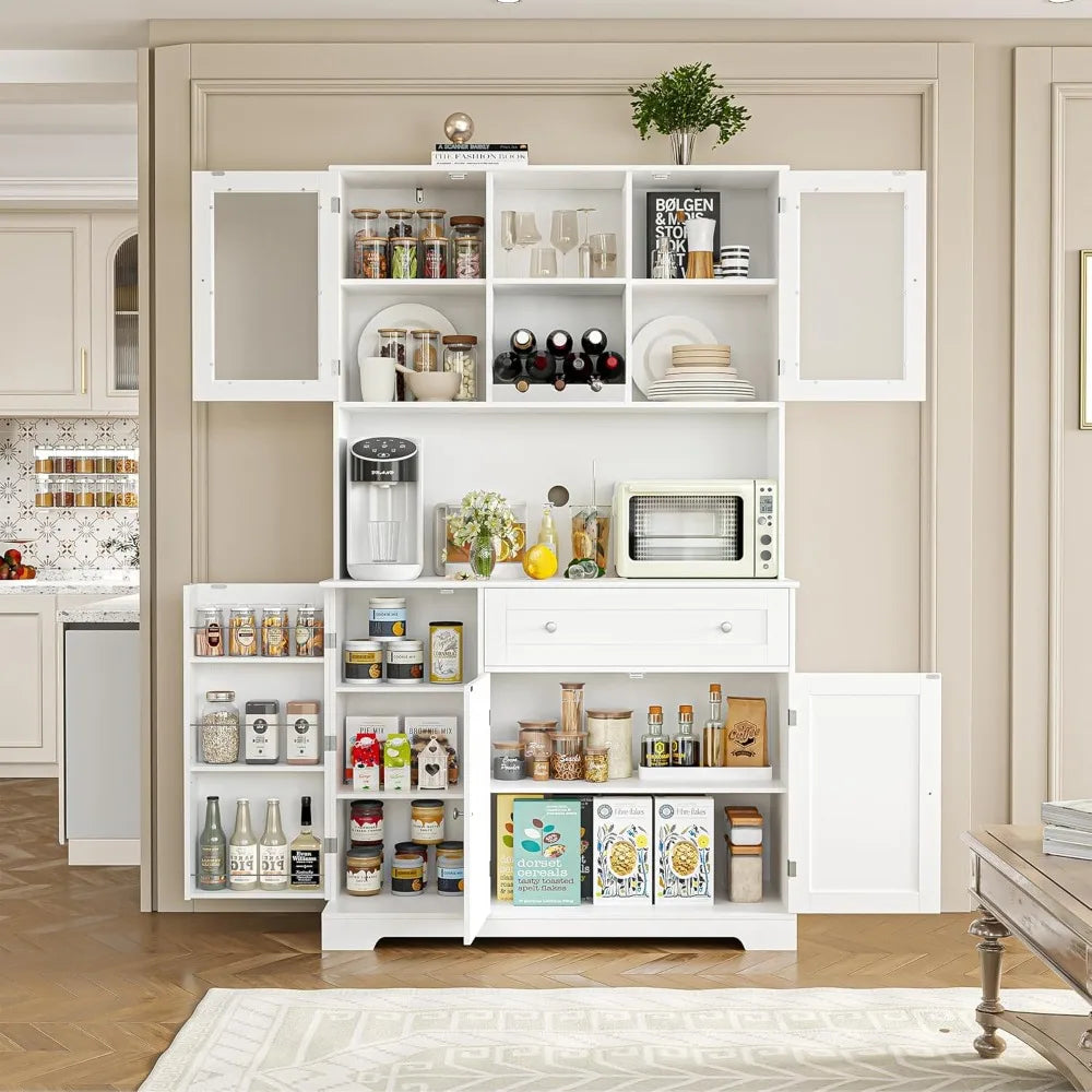 Tall Kitchen Pantry Cabinet with Microwave Stand and Wine Rack