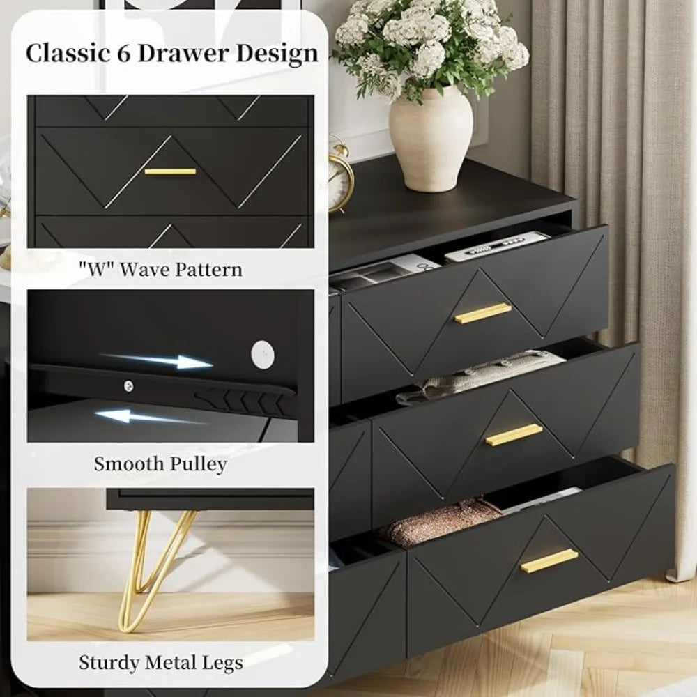 6 Drawer Black Wooden Dressing Table With Gold Handles