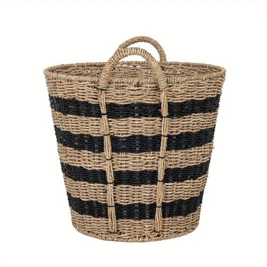 Oversized Striped Seagrass Storage Basket with Handles, Stylish Handwoven Seagrass Basket with Black Stripe Detail