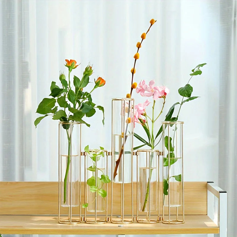 Gold Test Tube Vase Set With 5 Tubes And Stand Centerpiece