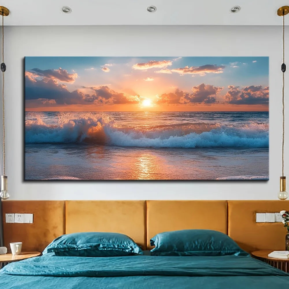1.5 Inch Pine Solid Wood Frame Ocean Beach Wave Wall Art