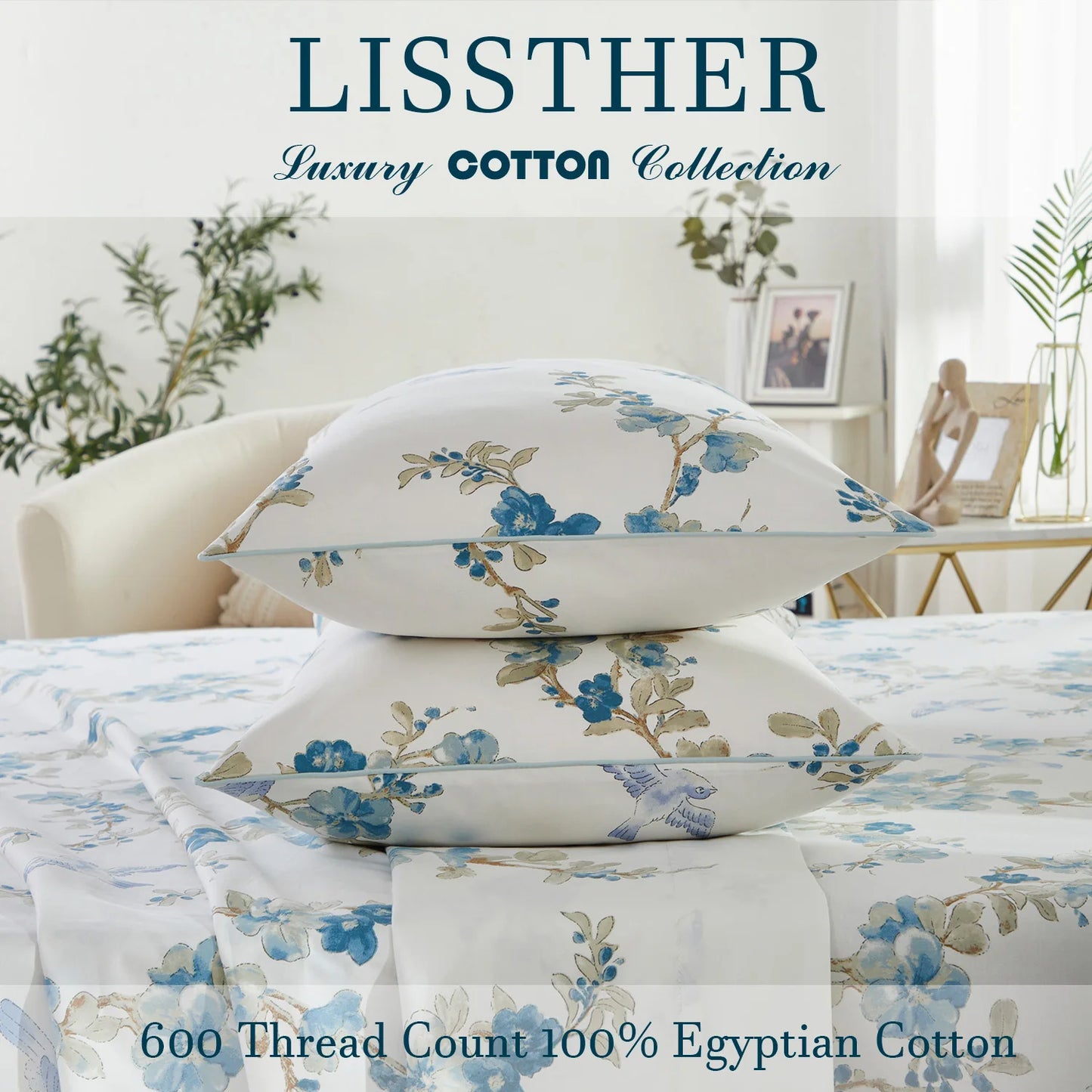 600TC Egyptian Cotton Duvet Cover Set in Blue Floral