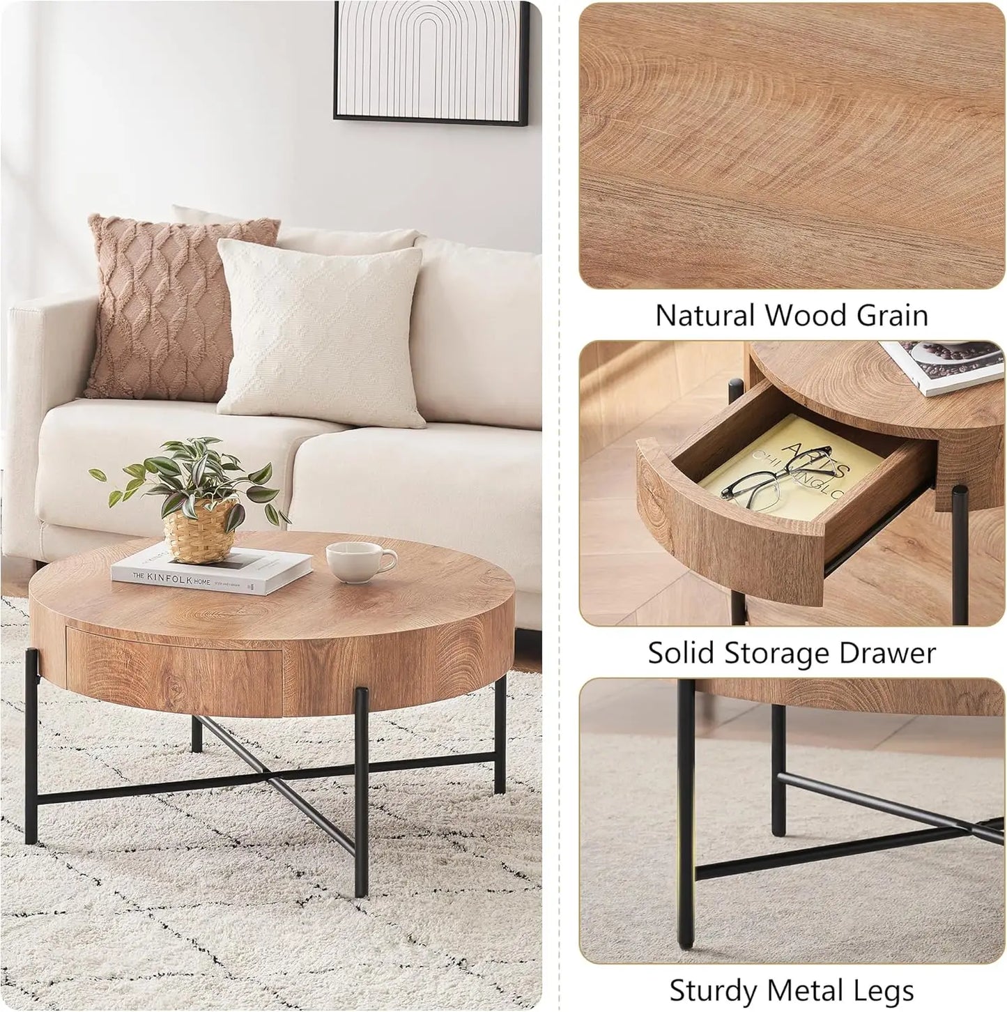 Round Coffee Table With Two Drawers Storage Farmhouse Wood