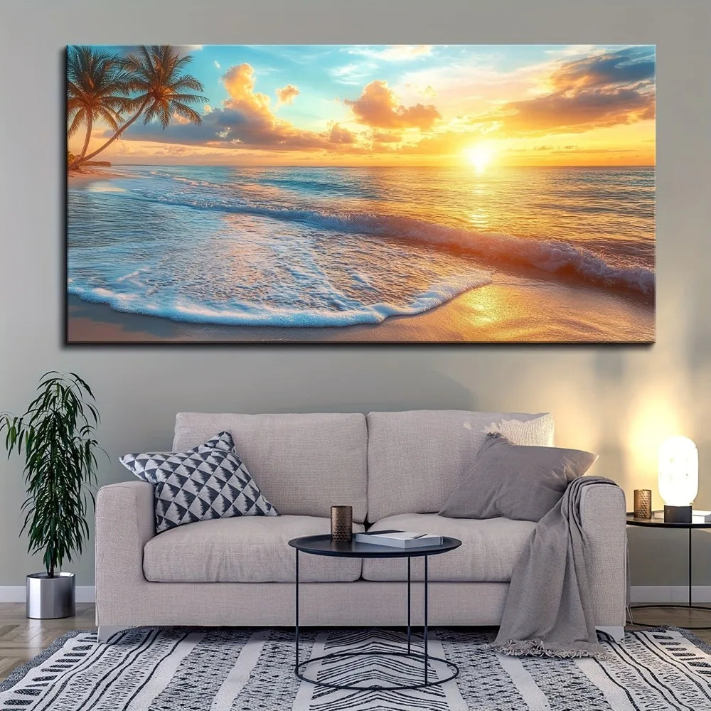 Pine Solid Wood Frame Canvas Wall Art Ocean Sunset Beach