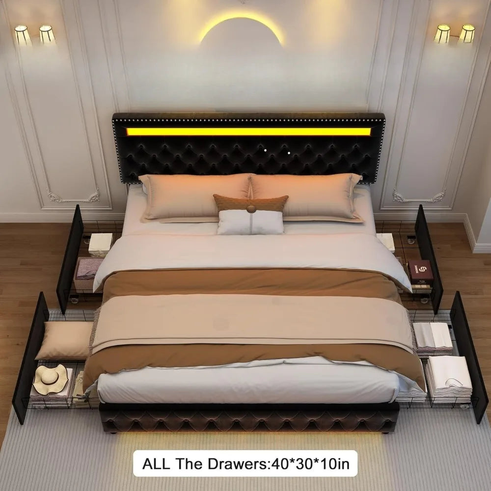 Led Bed Frame With 4 Storage Drawers And Smart Lights