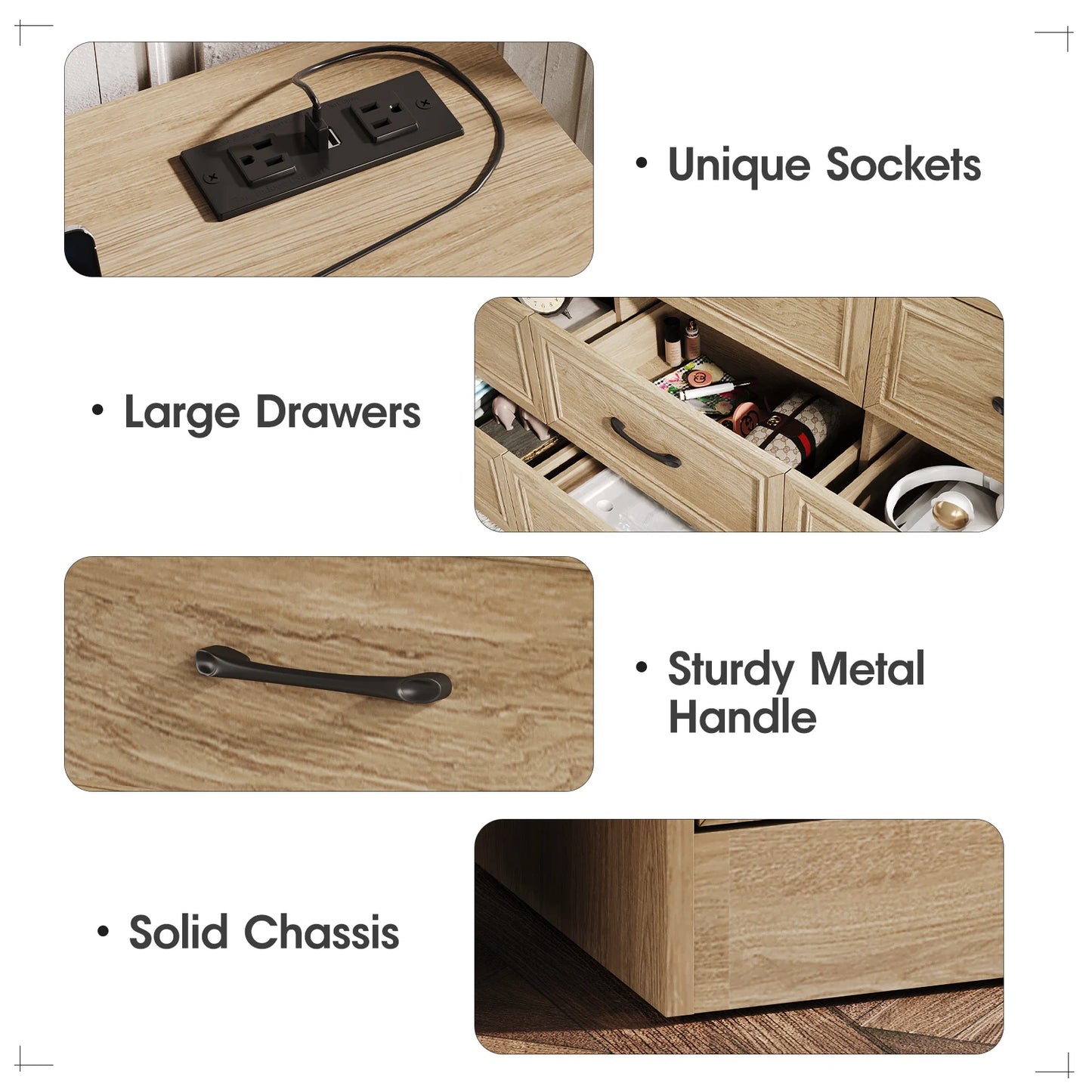 Vabches Wood Dresser For Bedroom 9 Drawers Power Outlet