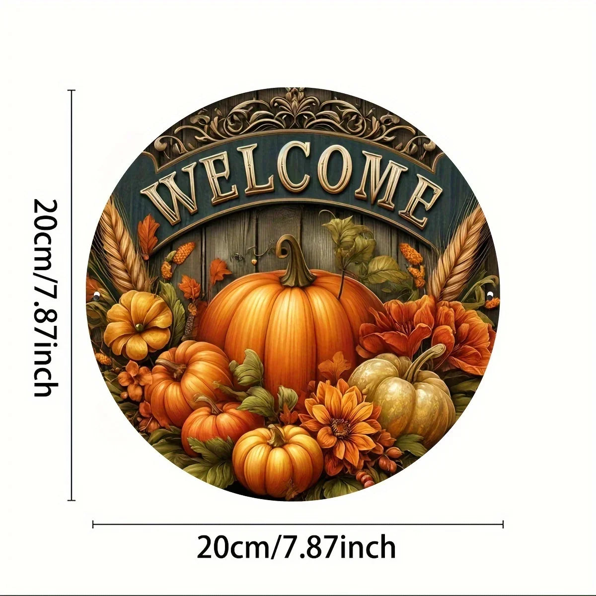 Tin Painting 8 Inch Round Metal Sign Welcome Fall Harvest