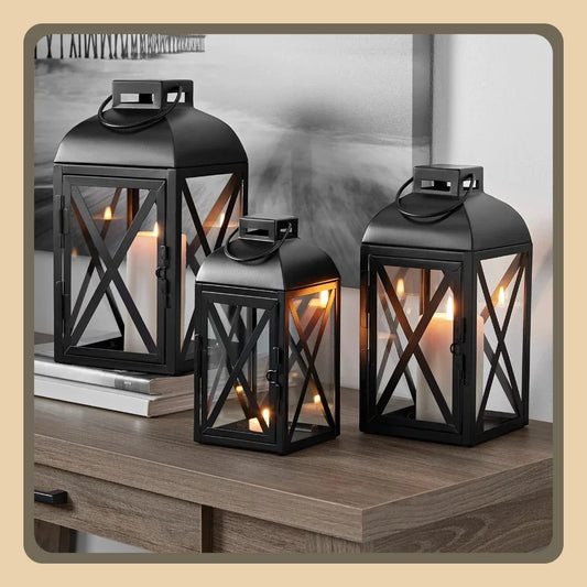 2 Pack Black Metal Pillar Candleholder Lantern 10 Inch