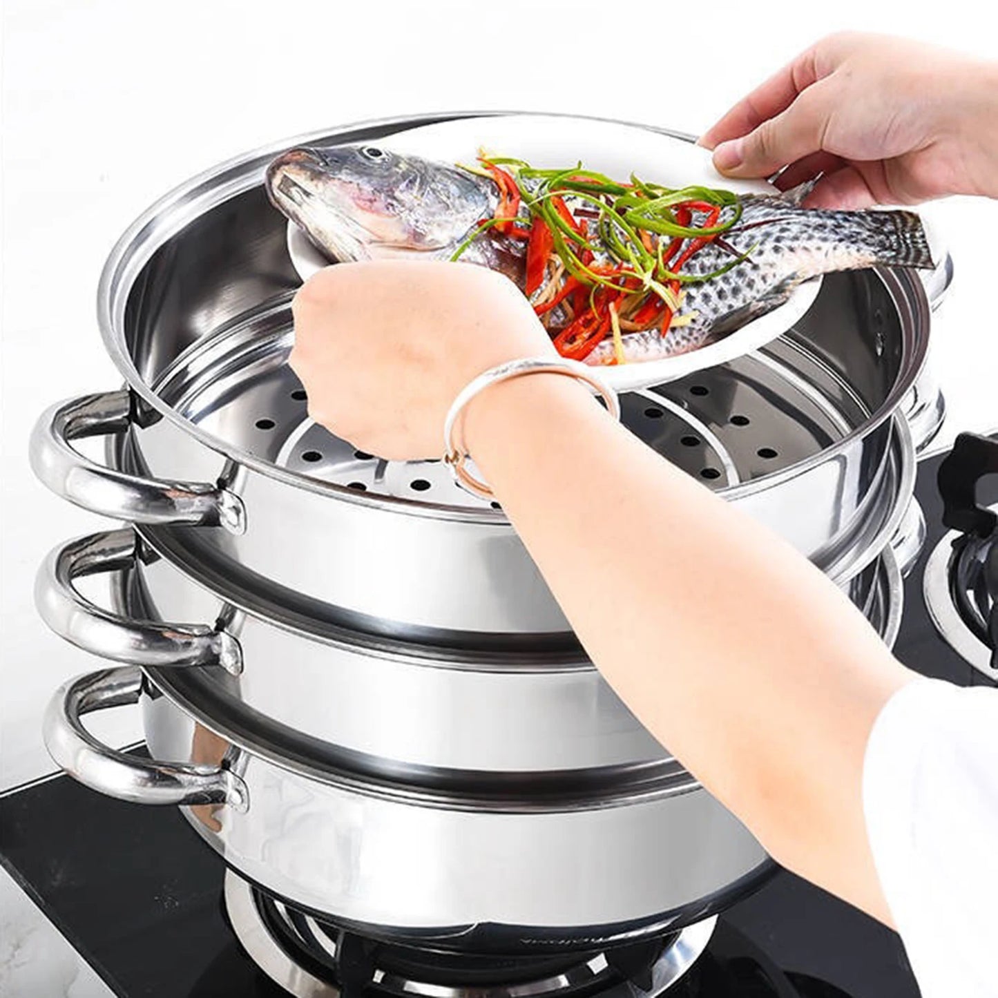 28CM Stainless Steel Multifunction 3 Tier Steam Cooker
