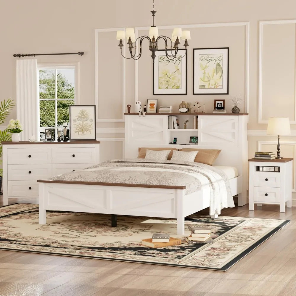 Farmhouse 3 Piece Queen Platform Bed Sliding Door Storage