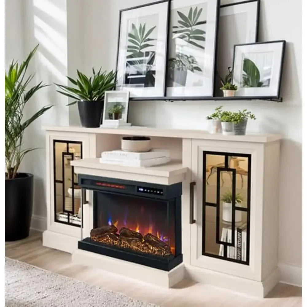 Farmhouse Glass Electric Fireplace TV Stand For 65 Inch TVs