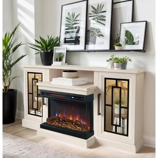 Farmhouse Glass Electric Fireplace TV Stand For 65 Inch TVs