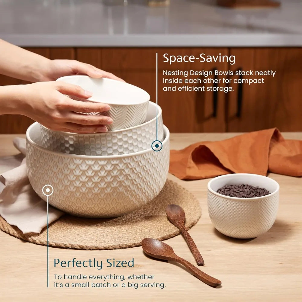 Ceramic Mixing Bowls Nesting Set of 4 Embossed Dishware
