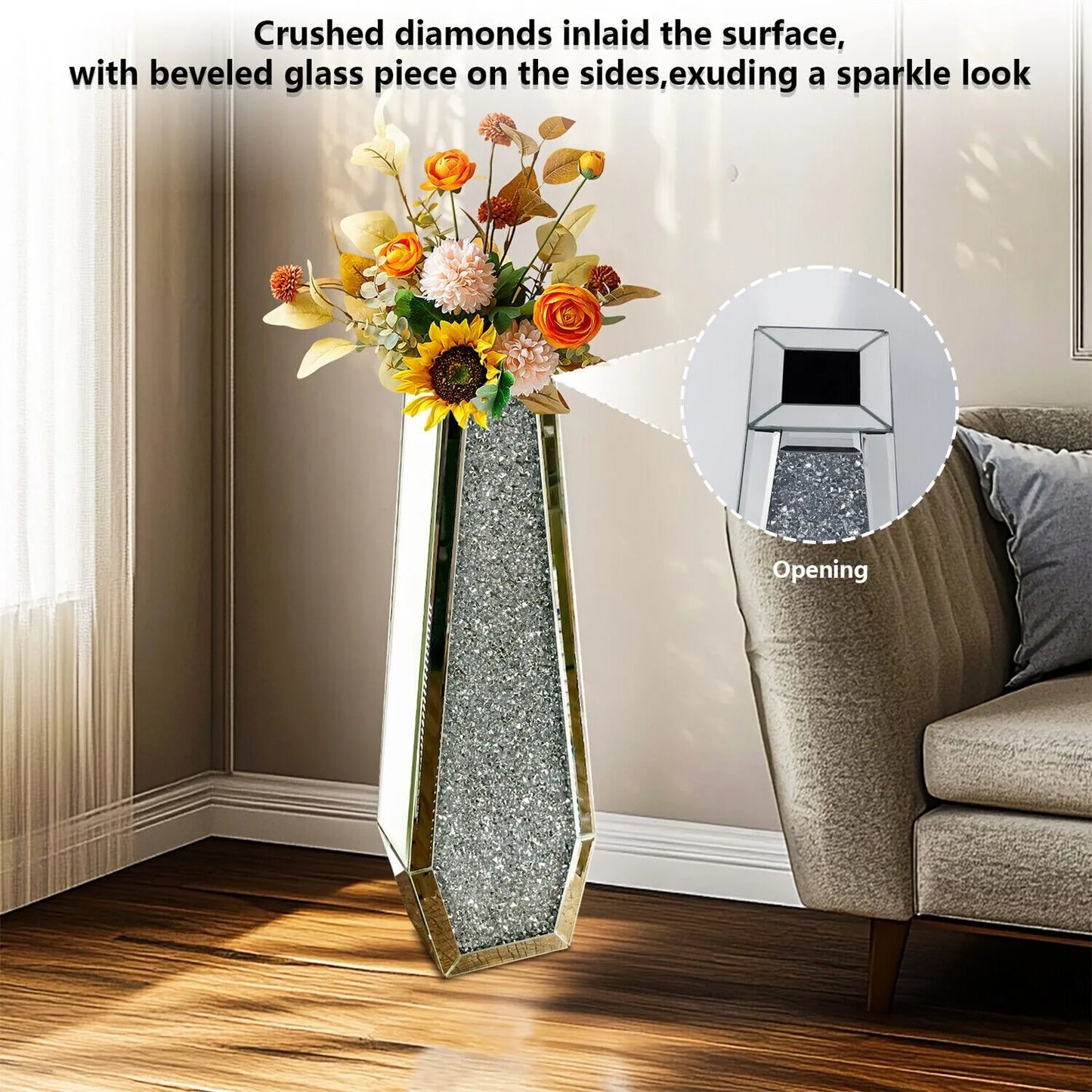 Luxury Tall Floor Vase Crushed Diamond Mirrored Glass