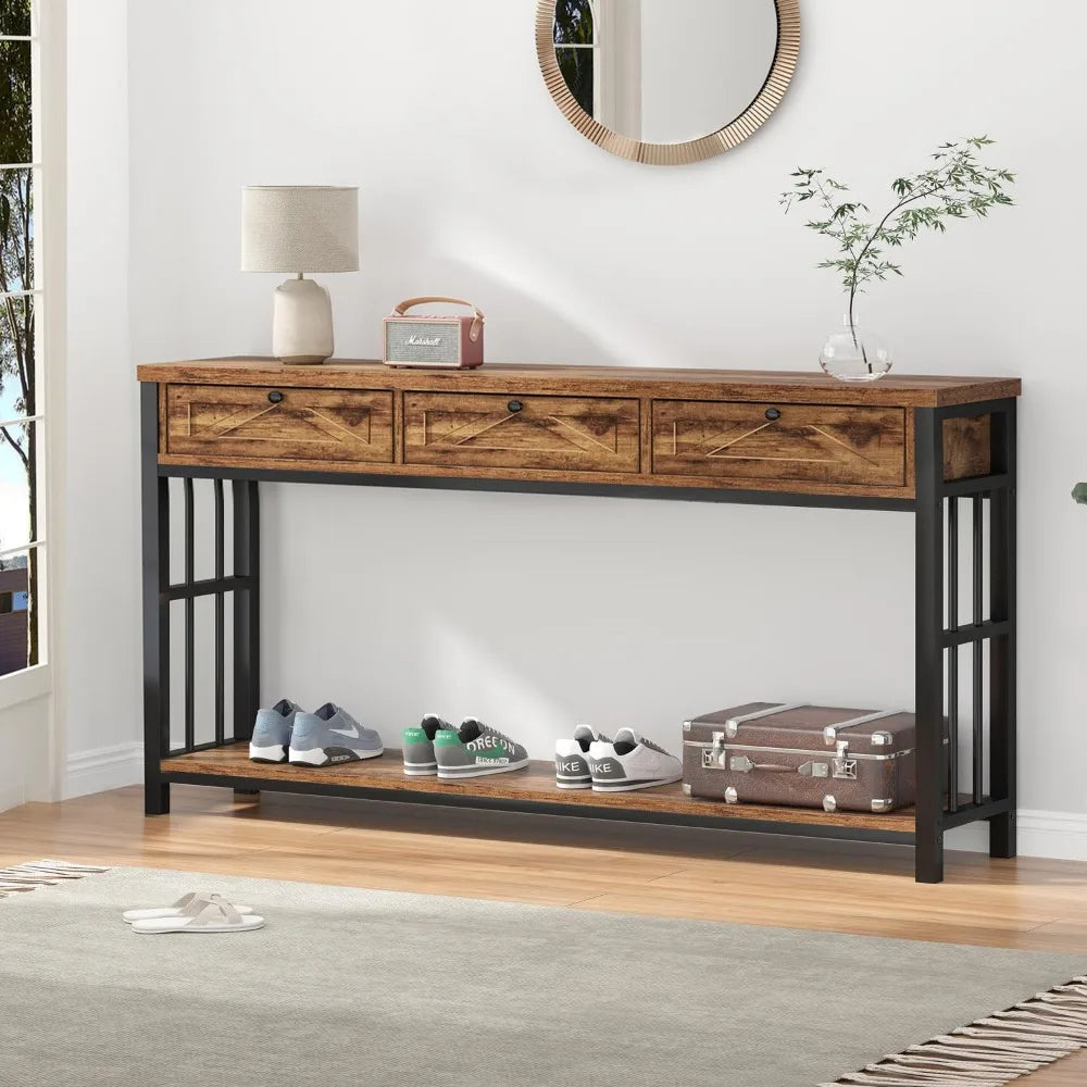 Entryway Table With 3 Drawers 55 Inch Rustic Console Storage