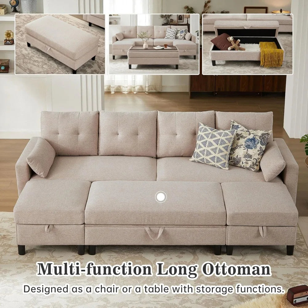 Convertible Sectional Sofa With Linen Fabric Ottoman Table