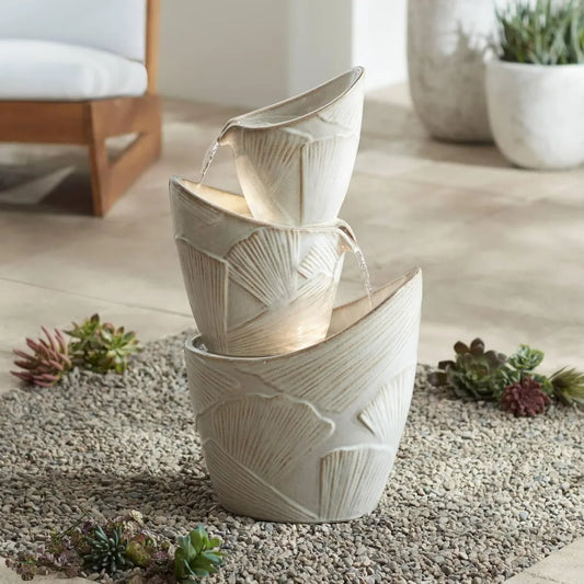 Lamps Plus Three Urn Faux Stone Floor Fountain With LED