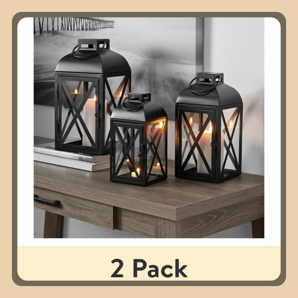 2 Pack Black Metal Pillar Candleholder Lantern 10 Inch