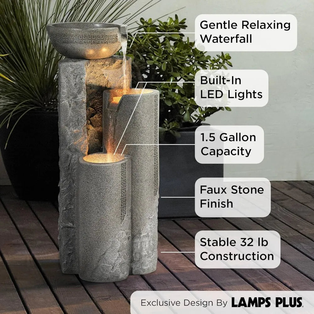 Zen Outdoor Floor Water Fountain Pillar Bowl LED Light