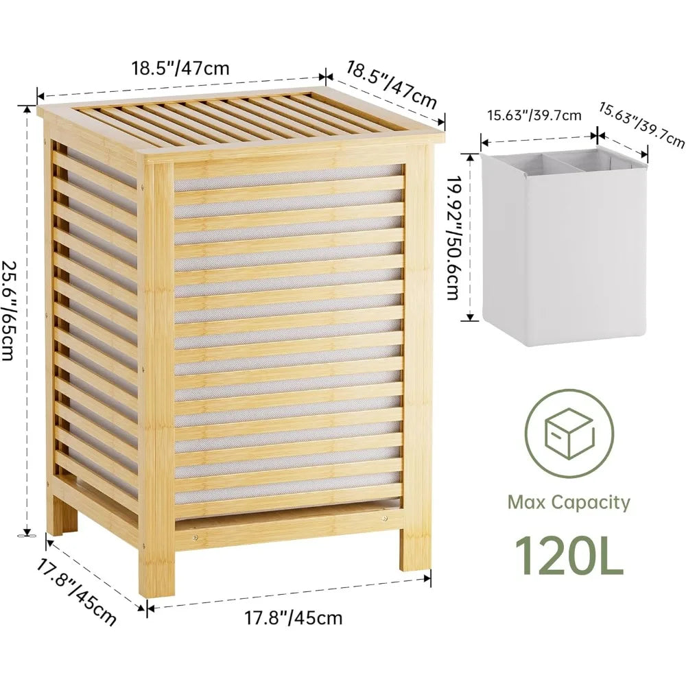 Double Laundry Hamper With Lid Bamboo Basket 120L Removable Liner