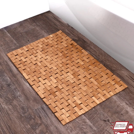 Bamboo Tile Bath Mat Non Slip Water Resistant 18x30 Inches