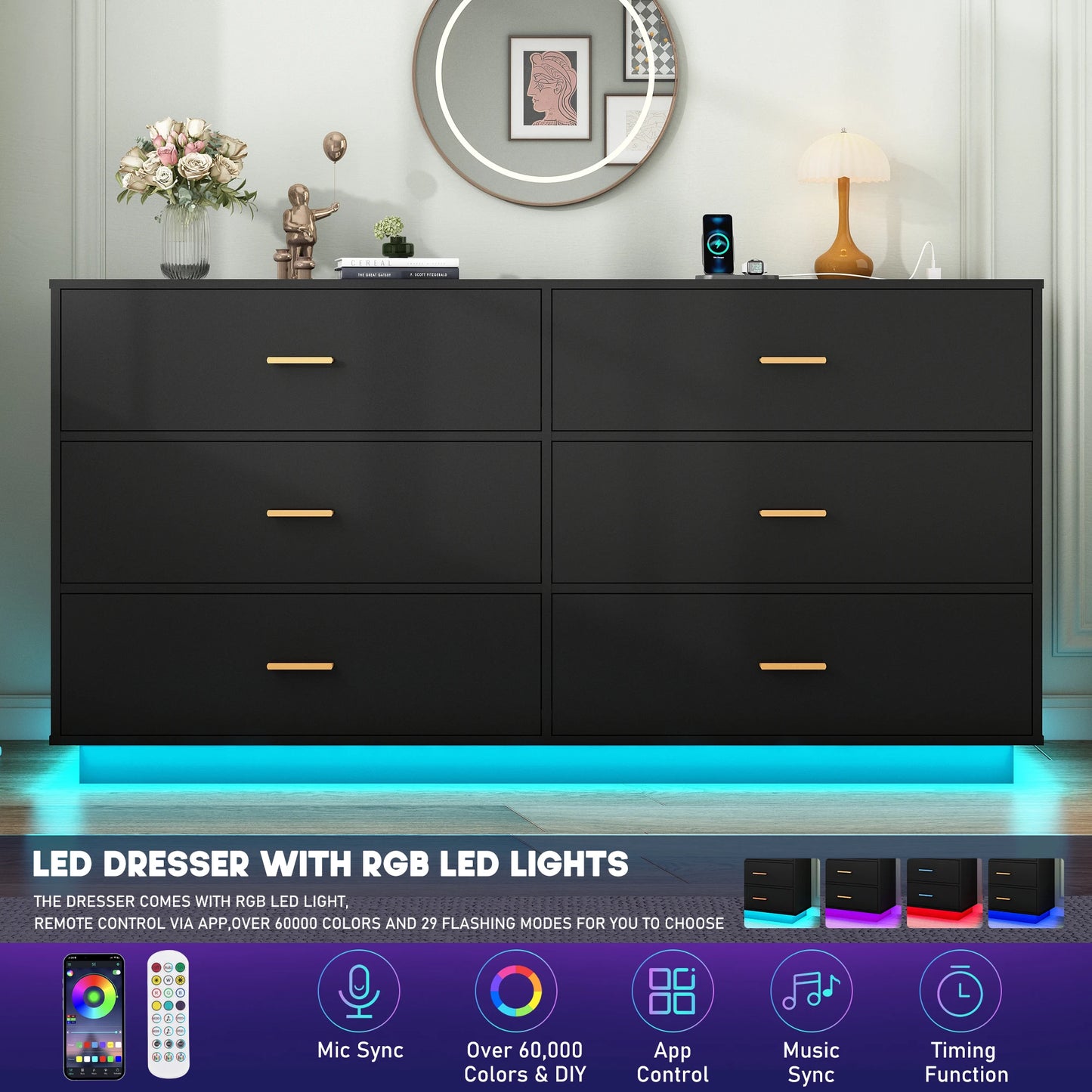 6 Drawer Dresser With Power Outlet LED Lights For Bedroom