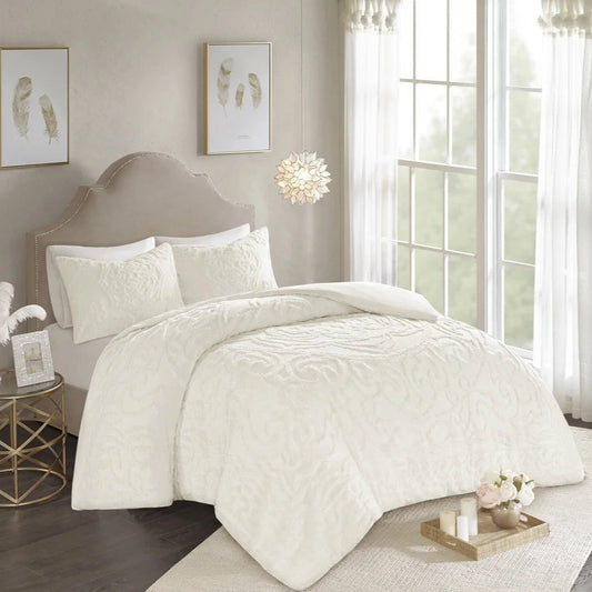 3 Piece Cotton Duvet Cover Set Full Queen Tufted Chenille
