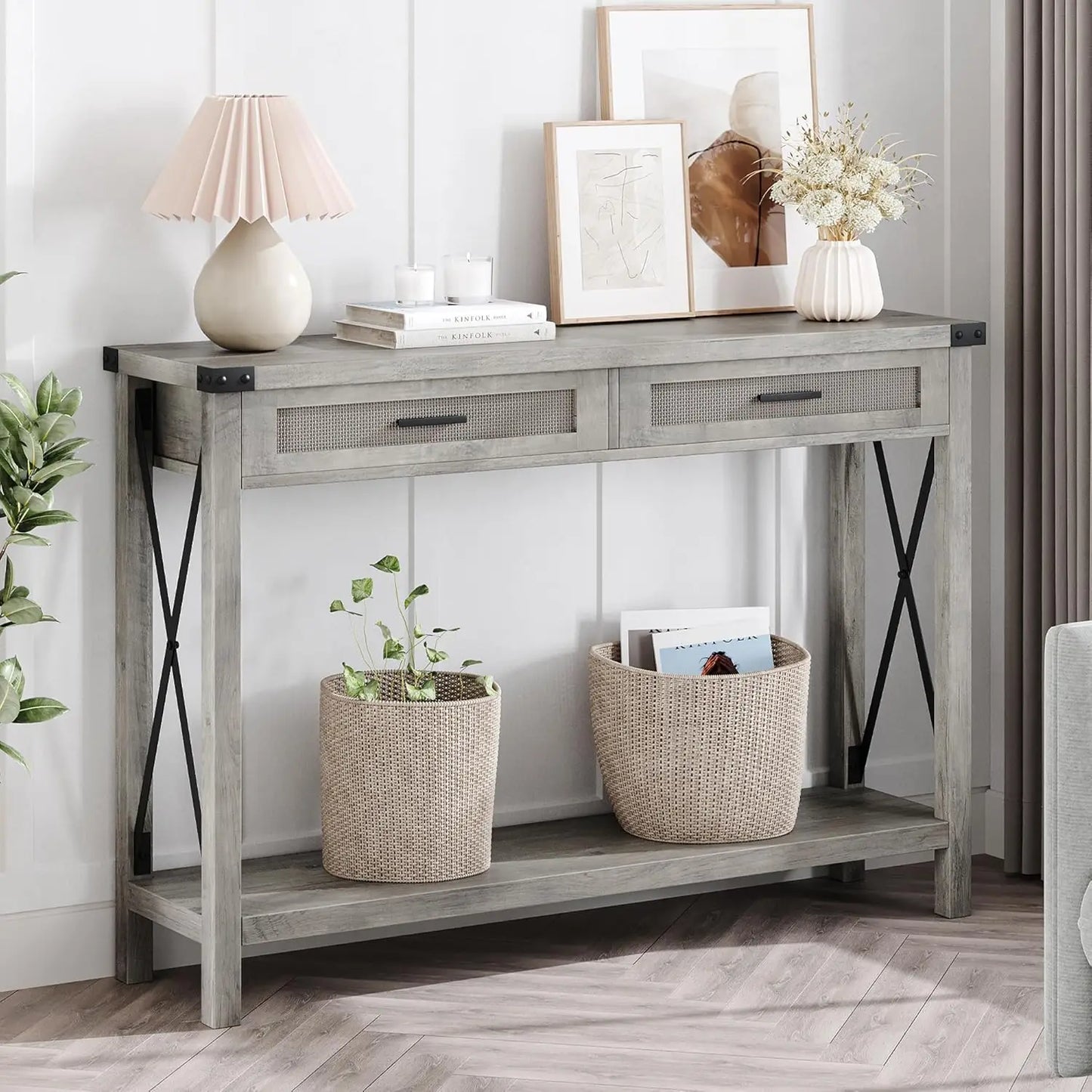 Farmhouse Entryway Console Table With Rattan Drawers 43 Inch