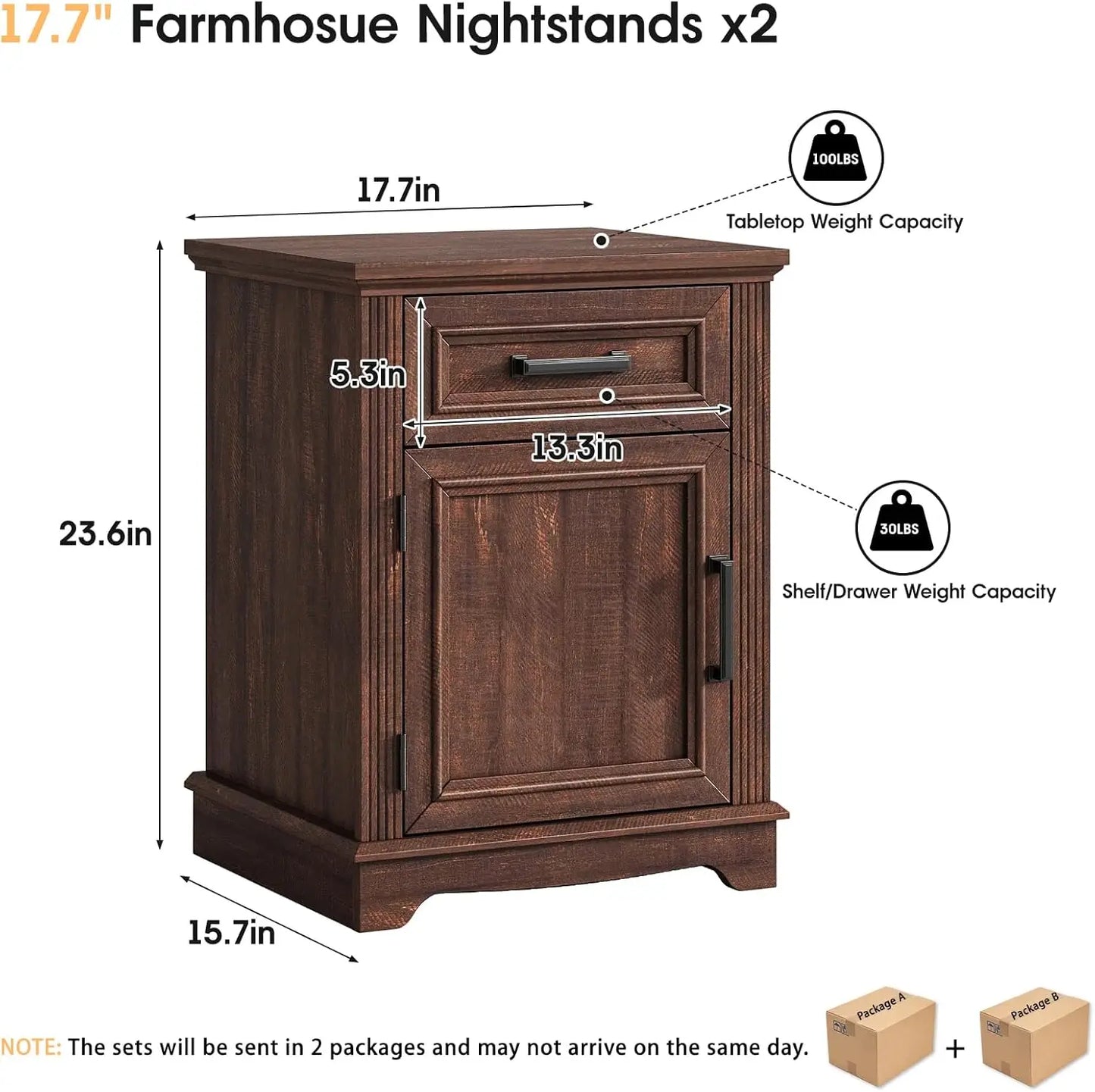 Wooden Nightstand Set of 2 With Large Storage Drawers