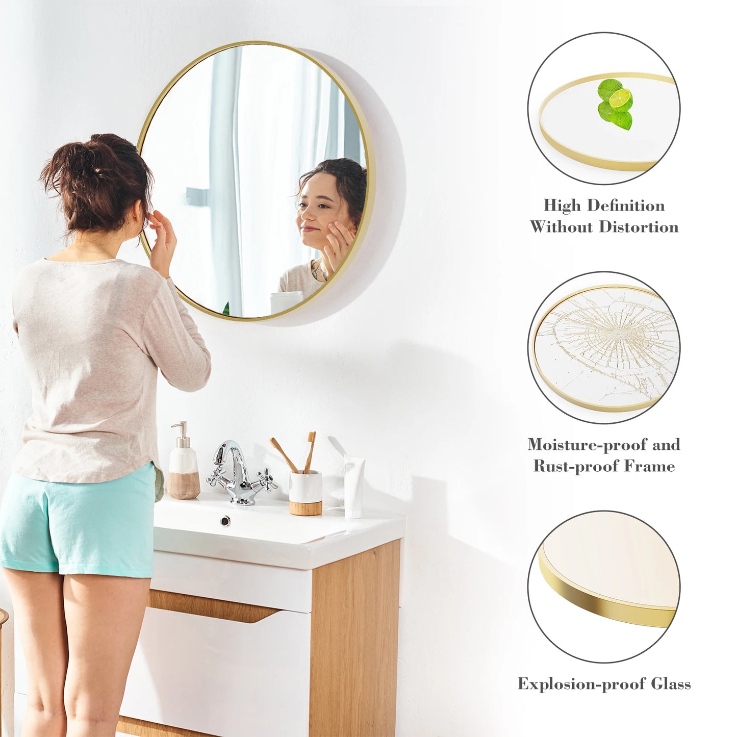 Large Gold Round Mirror for Wall with Modern Style and Shatterproof Glass