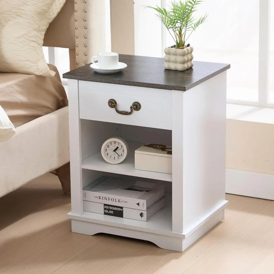 19 Inch Farmhouse Nightstand With Drawers And Shelves