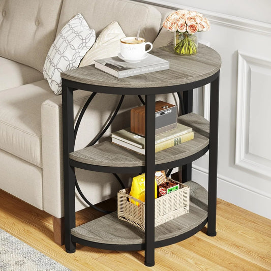 Small Half Round End Table With Shelves And Metal Frame