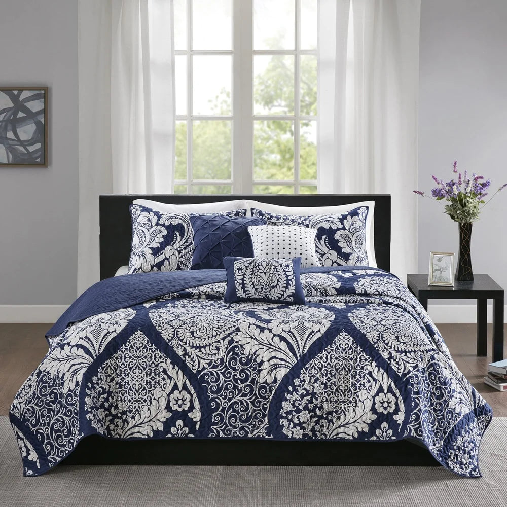 Damask Pattern Cotton Sateen Coverlet Bedding Set Pillows
