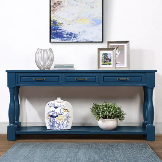 63 Inch Long Wood Console Table With 3 Drawers Navy Blue