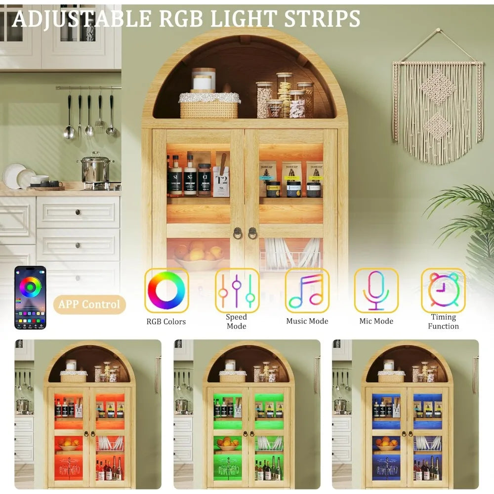 71 Inch Tall Pantry Cabinet With LED Lights Arched Design